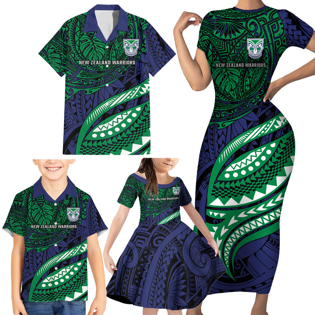 Personalised New Zealand Warriors Family Matching Short Sleeve Bodycon Dress and Hawaiian Shirt Polynesian Tribal Art Style With Fierce Warrior Mascot