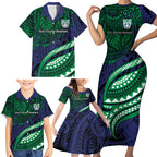 Personalised New Zealand Warriors Family Matching Short Sleeve Bodycon Dress and Hawaiian Shirt Polynesian Tribal Art Style With Fierce Warrior Mascot
