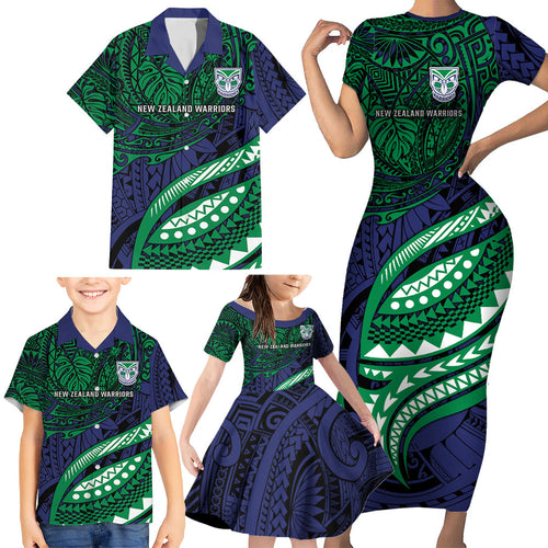 Personalised New Zealand Warriors Family Matching Short Sleeve Bodycon Dress and Hawaiian Shirt Polynesian Tribal Art Style With Fierce Warrior Mascot