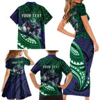 Personalised New Zealand Warriors Family Matching Short Sleeve Bodycon Dress and Hawaiian Shirt Polynesian Tribal Art Style With Fierce Warrior Mascot