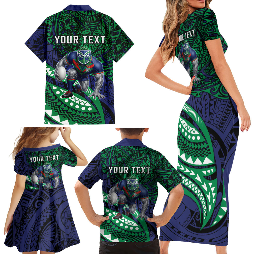 Personalised New Zealand Warriors Family Matching Short Sleeve Bodycon Dress and Hawaiian Shirt Polynesian Tribal Art Style With Fierce Warrior Mascot