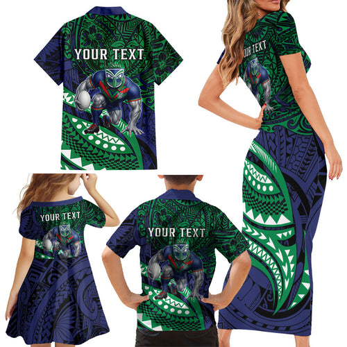 Personalised New Zealand Warriors Family Matching Short Sleeve Bodycon Dress and Hawaiian Shirt Polynesian Tribal Art Style With Fierce Warrior Mascot