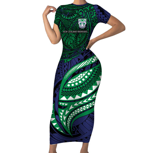 Personalised New Zealand Warriors Family Matching Short Sleeve Bodycon Dress and Hawaiian Shirt Polynesian Tribal Art Style With Fierce Warrior Mascot