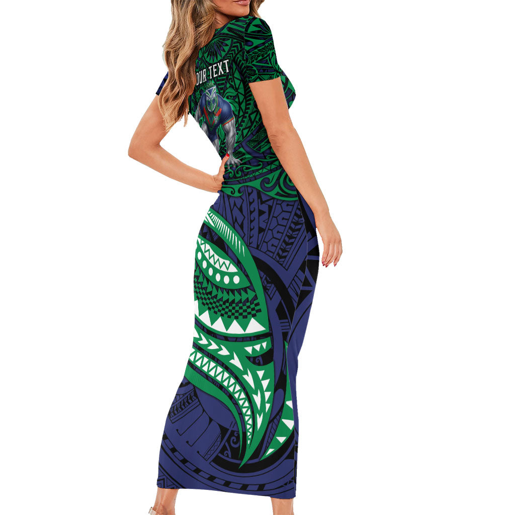 Personalised New Zealand Warriors Family Matching Short Sleeve Bodycon Dress and Hawaiian Shirt Polynesian Tribal Art Style With Fierce Warrior Mascot