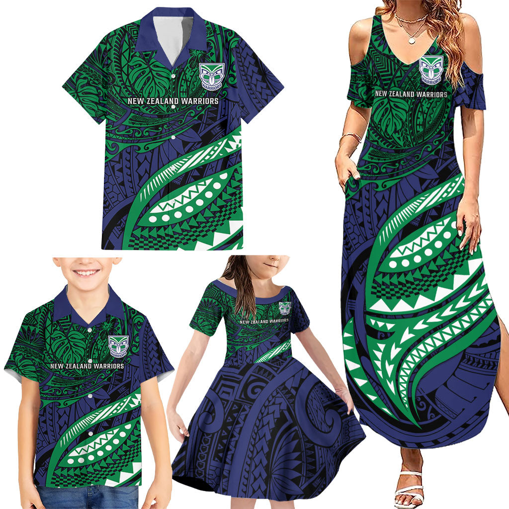 Personalised New Zealand Warriors Family Matching Summer Maxi Dress and Hawaiian Shirt Polynesian Tribal Art Style With Fierce Warrior Mascot
