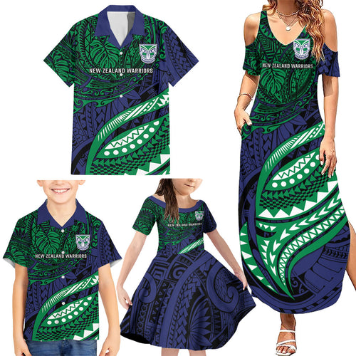 Personalised New Zealand Warriors Family Matching Summer Maxi Dress and Hawaiian Shirt Polynesian Tribal Art Style With Fierce Warrior Mascot