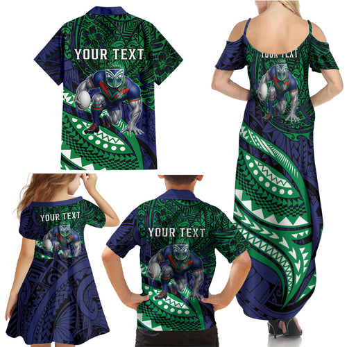 Personalised New Zealand Warriors Family Matching Summer Maxi Dress and Hawaiian Shirt Polynesian Tribal Art Style With Fierce Warrior Mascot