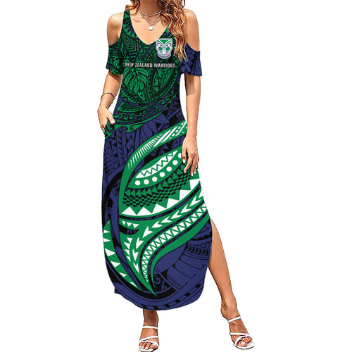 Personalised New Zealand Warriors Family Matching Summer Maxi Dress and Hawaiian Shirt Polynesian Tribal Art Style With Fierce Warrior Mascot