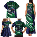 Personalised New Zealand Warriors Family Matching Tank Maxi Dress and Hawaiian Shirt Polynesian Tribal Art Style With Fierce Warrior Mascot