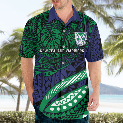 Personalised New Zealand Warriors Hawaiian Shirt Polynesian Tribal Art Style With Fierce Warrior Mascot