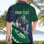Personalised New Zealand Warriors Hawaiian Shirt Polynesian Tribal Art Style With Fierce Warrior Mascot