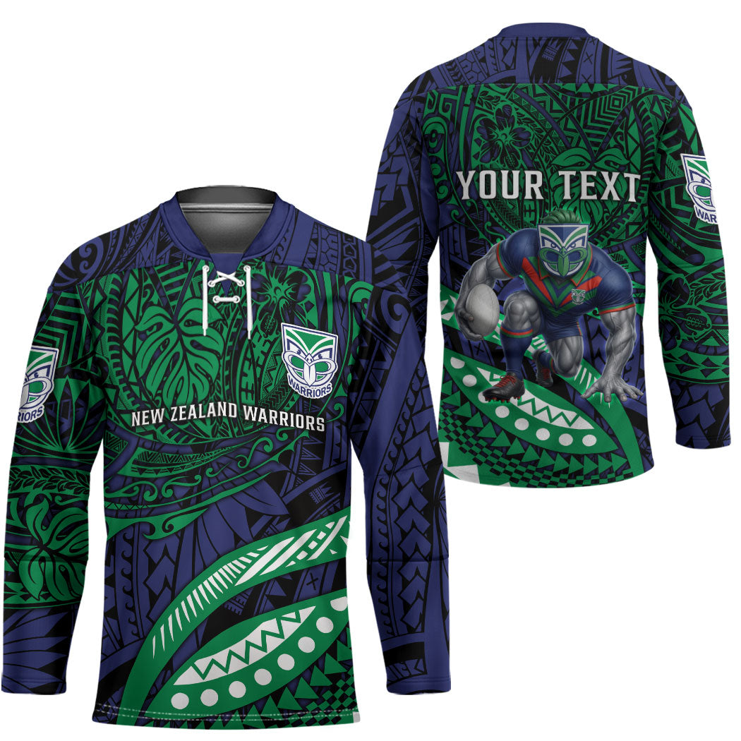 Personalised New Zealand Warriors Hockey Jersey Polynesian Tribal Art Style With Fierce Warrior Mascot
