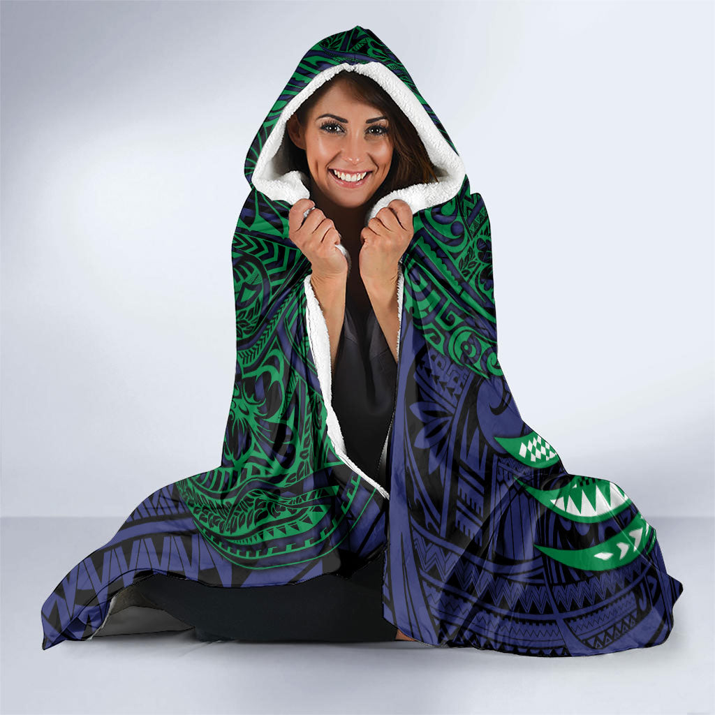 Personalised New Zealand Warriors Hooded Blanket Polynesian Tribal Art Style With Fierce Warrior Mascot