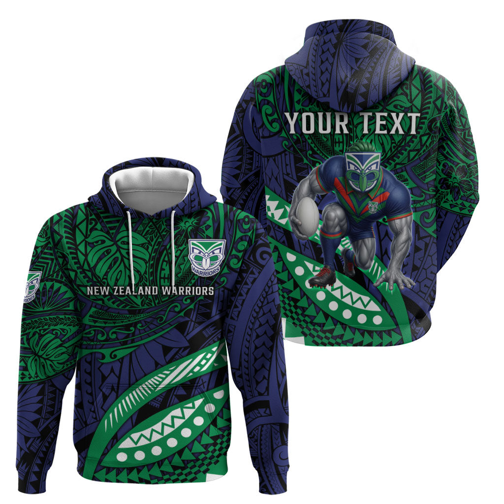 Personalised New Zealand Warriors Hoodie Polynesian Tribal Art Style With Fierce Warrior Mascot