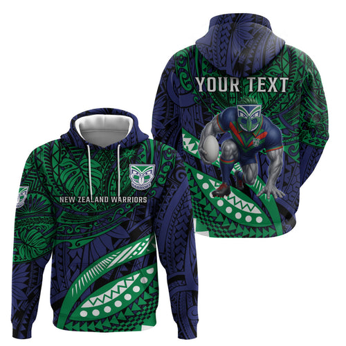 Personalised New Zealand Warriors Hoodie Polynesian Tribal Art Style With Fierce Warrior Mascot