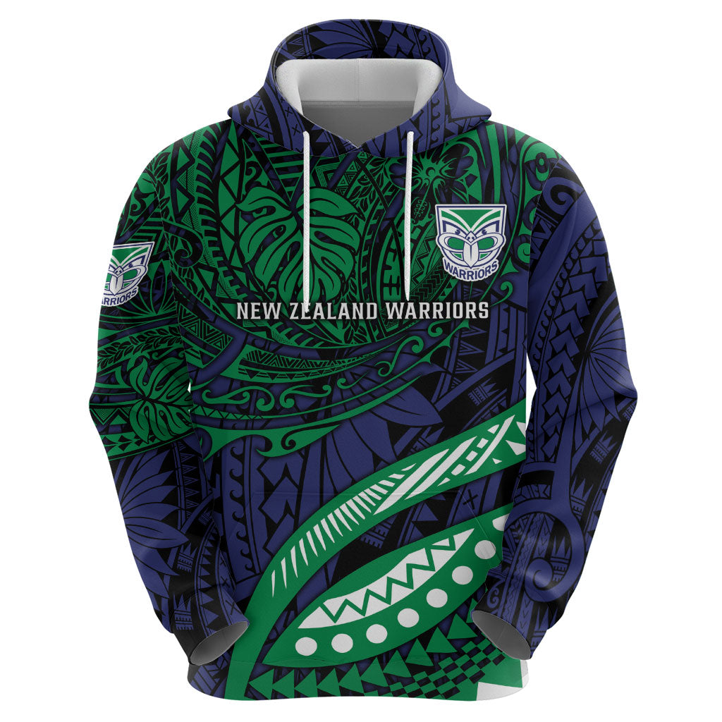 Personalised New Zealand Warriors Hoodie Polynesian Tribal Art Style With Fierce Warrior Mascot
