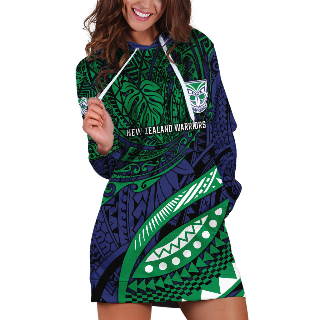 Personalised New Zealand Warriors Hoodie Dress Polynesian Tribal Art Style With Fierce Warrior Mascot