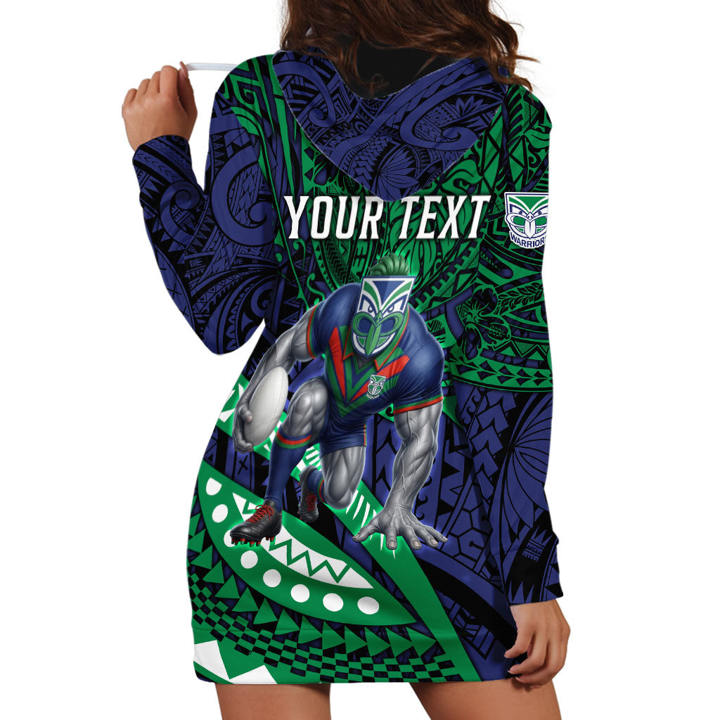 Personalised New Zealand Warriors Hoodie Dress Polynesian Tribal Art Style With Fierce Warrior Mascot