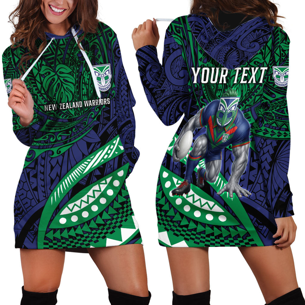 Personalised New Zealand Warriors Hoodie Dress Polynesian Tribal Art Style With Fierce Warrior Mascot