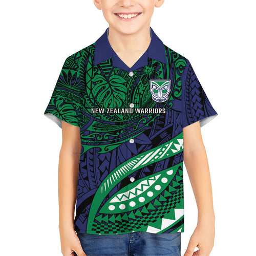 Personalised New Zealand Warriors Kid Hawaiian Shirt Polynesian Tribal Art Style With Fierce Warrior Mascot