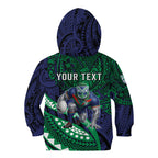 Personalised New Zealand Warriors Kid Hoodie Polynesian Tribal Art Style With Fierce Warrior Mascot