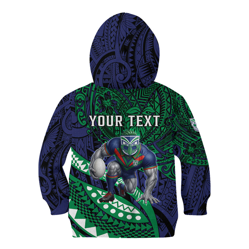 Personalised New Zealand Warriors Kid Hoodie Polynesian Tribal Art Style With Fierce Warrior Mascot