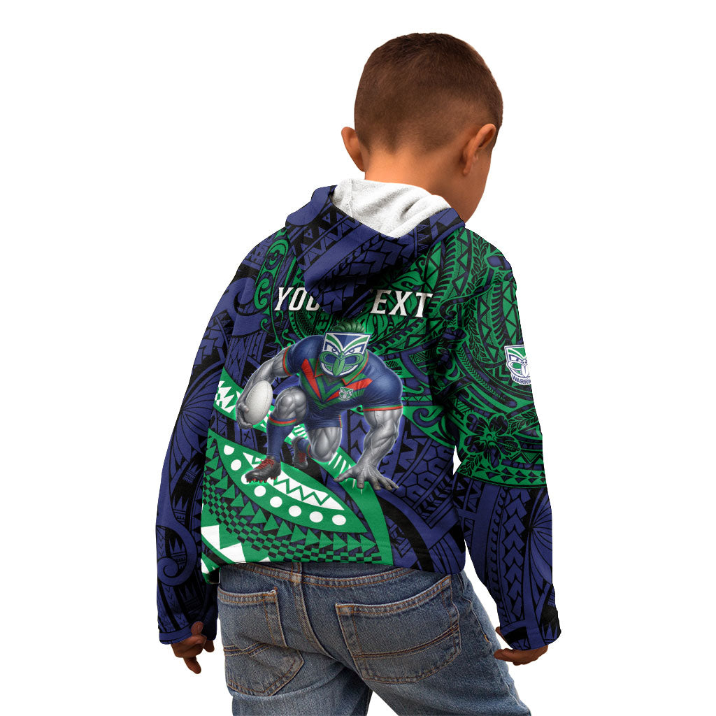 Personalised New Zealand Warriors Kid Hoodie Polynesian Tribal Art Style With Fierce Warrior Mascot