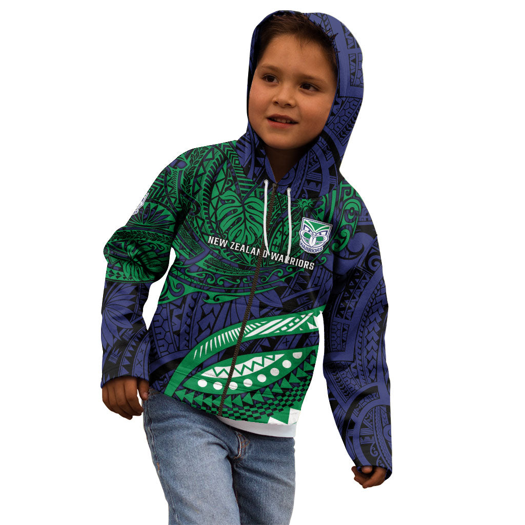 Personalised New Zealand Warriors Kid Hoodie Polynesian Tribal Art Style With Fierce Warrior Mascot