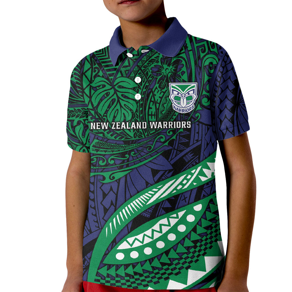 Personalised New Zealand Warriors Kid Polo Shirt Polynesian Tribal Art Style With Fierce Warrior Mascot