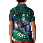 Personalised New Zealand Warriors Kid Polo Shirt Polynesian Tribal Art Style With Fierce Warrior Mascot