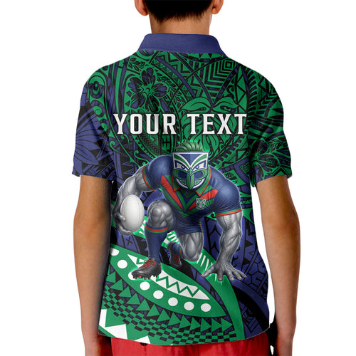 Personalised New Zealand Warriors Kid Polo Shirt Polynesian Tribal Art Style With Fierce Warrior Mascot