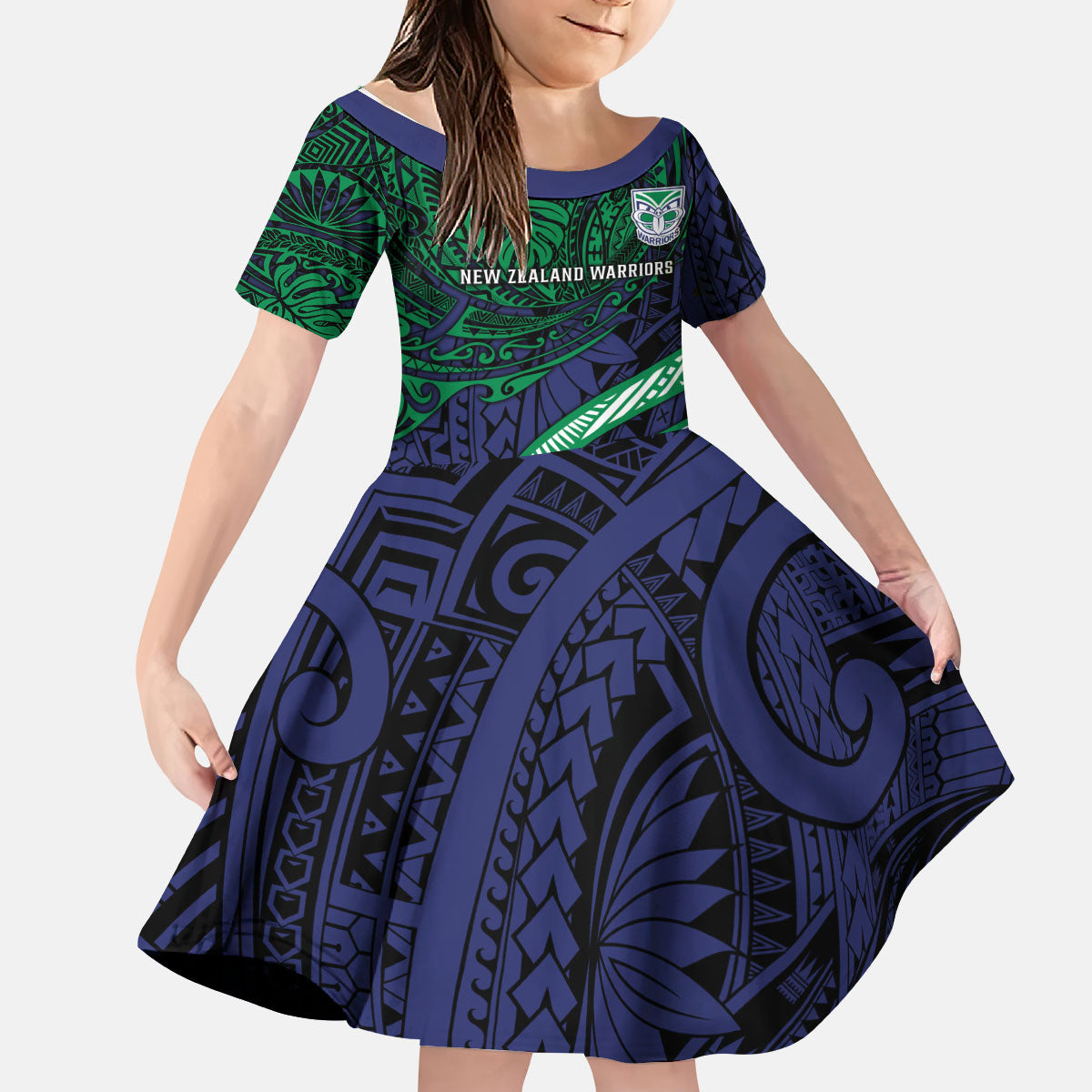 Personalised New Zealand Warriors Kid Short Sleeve Dress Polynesian Tribal Art Style With Fierce Warrior Mascot