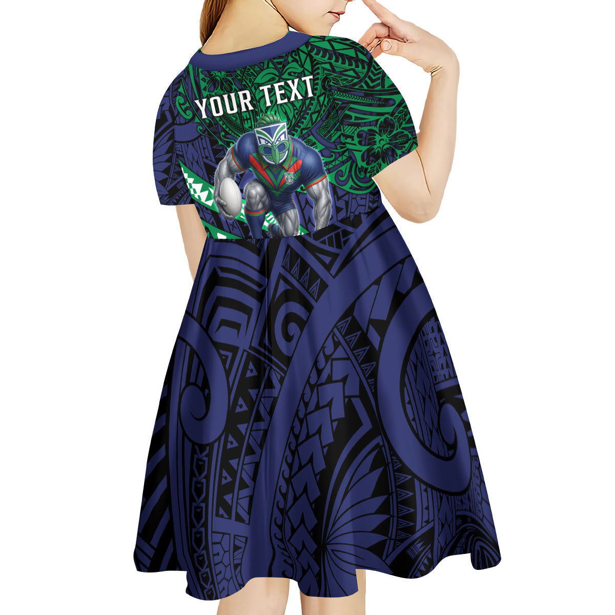 Personalised New Zealand Warriors Kid Short Sleeve Dress Polynesian Tribal Art Style With Fierce Warrior Mascot