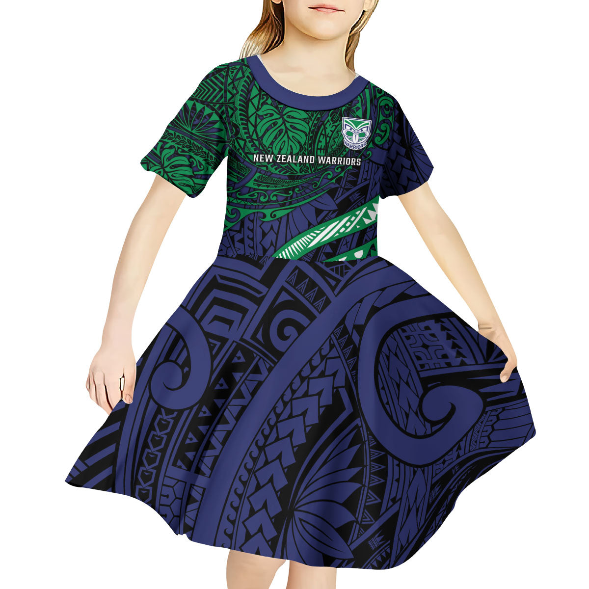 Personalised New Zealand Warriors Kid Short Sleeve Dress Polynesian Tribal Art Style With Fierce Warrior Mascot