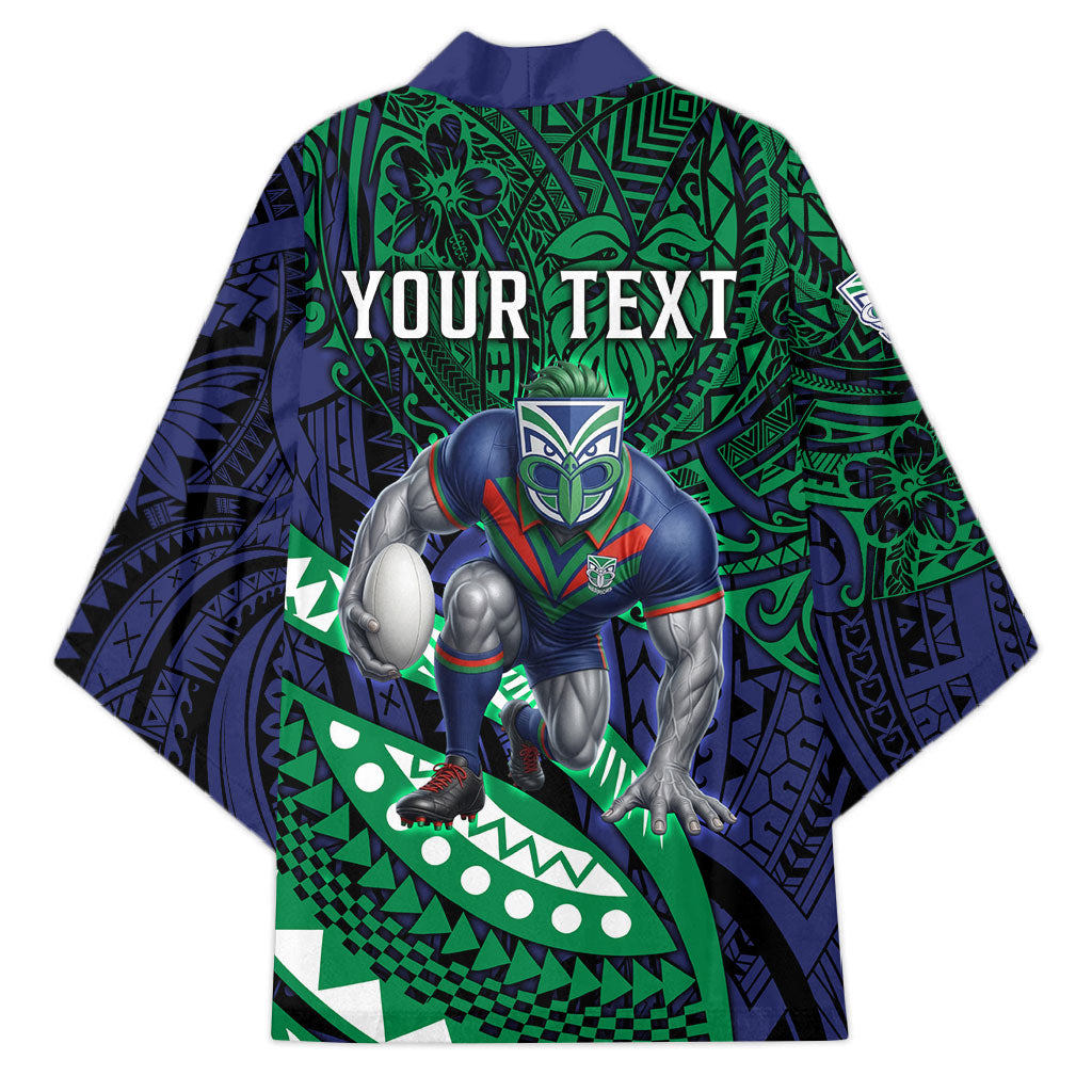 Personalised New Zealand Warriors Kimono Polynesian Tribal Art Style With Fierce Warrior Mascot