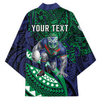 Personalised New Zealand Warriors Kimono Polynesian Tribal Art Style With Fierce Warrior Mascot
