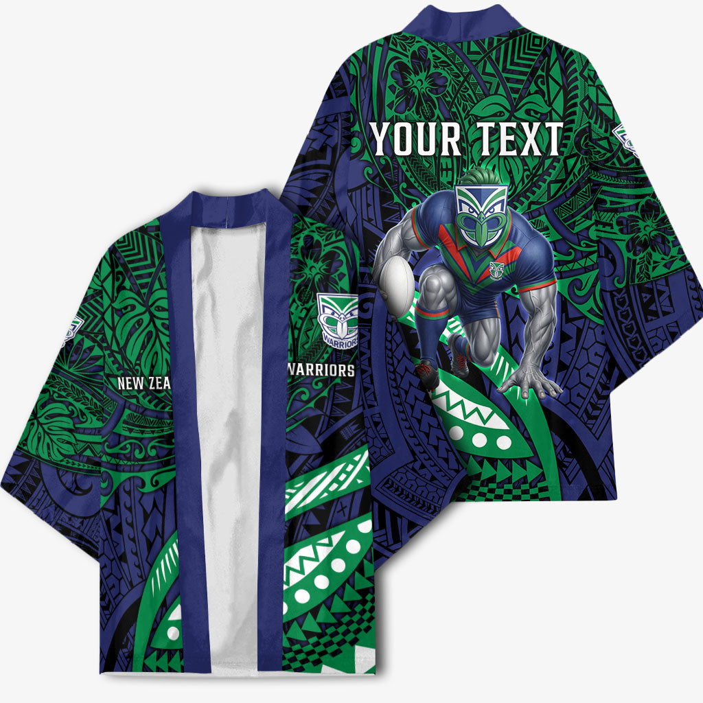 Personalised New Zealand Warriors Kimono Polynesian Tribal Art Style With Fierce Warrior Mascot