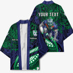 Personalised New Zealand Warriors Kimono Polynesian Tribal Art Style With Fierce Warrior Mascot