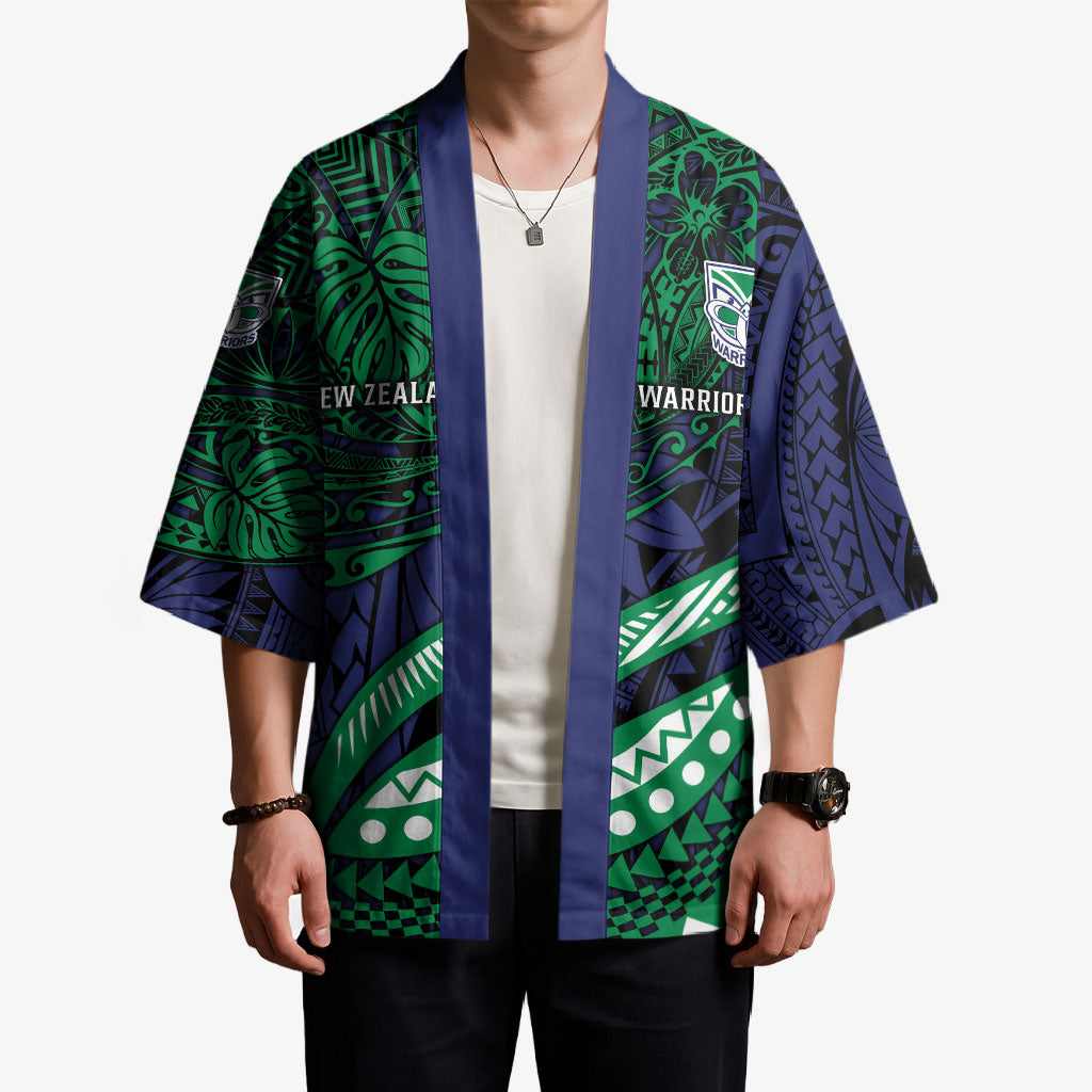 Personalised New Zealand Warriors Kimono Polynesian Tribal Art Style With Fierce Warrior Mascot