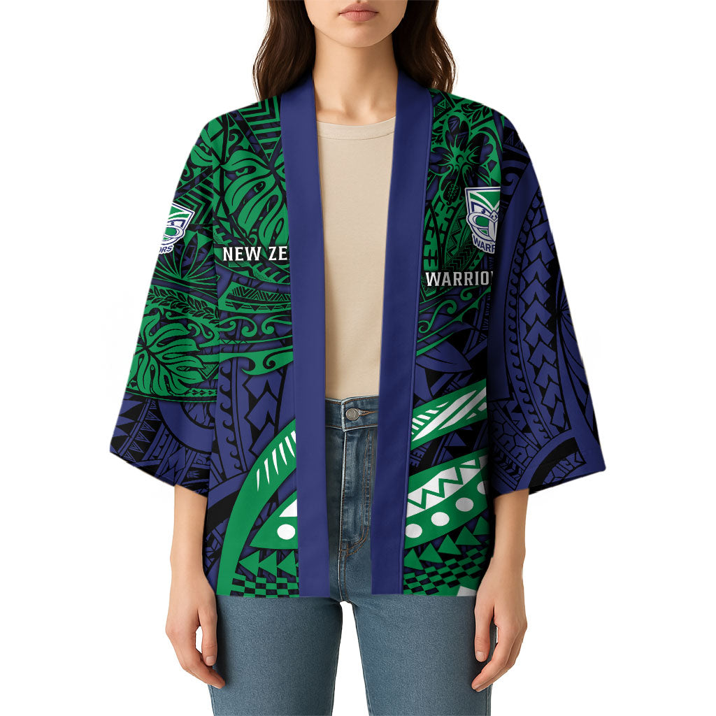 Personalised New Zealand Warriors Kimono Polynesian Tribal Art Style With Fierce Warrior Mascot