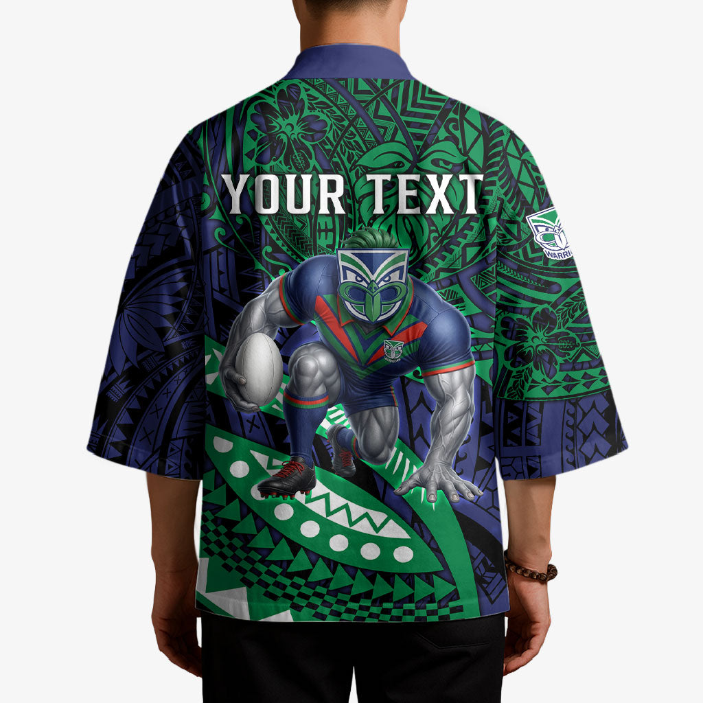 Personalised New Zealand Warriors Kimono Polynesian Tribal Art Style With Fierce Warrior Mascot
