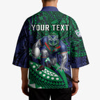 Personalised New Zealand Warriors Kimono Polynesian Tribal Art Style With Fierce Warrior Mascot