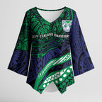 Personalised New Zealand Warriors Kimono Sleeve Blouse Polynesian Tribal Art Style With Fierce Warrior Mascot