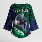 Personalised New Zealand Warriors Kimono Sleeve Blouse Polynesian Tribal Art Style With Fierce Warrior Mascot