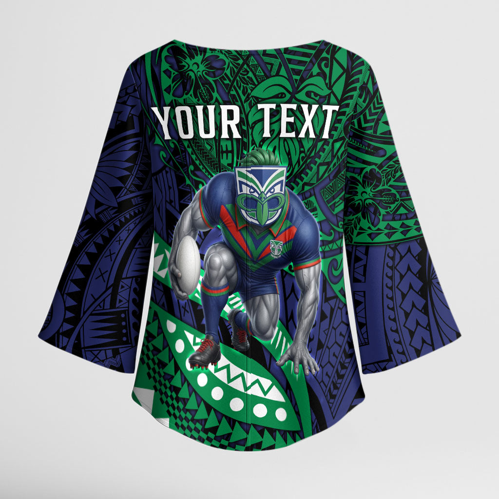 Personalised New Zealand Warriors Kimono Sleeve Blouse Polynesian Tribal Art Style With Fierce Warrior Mascot