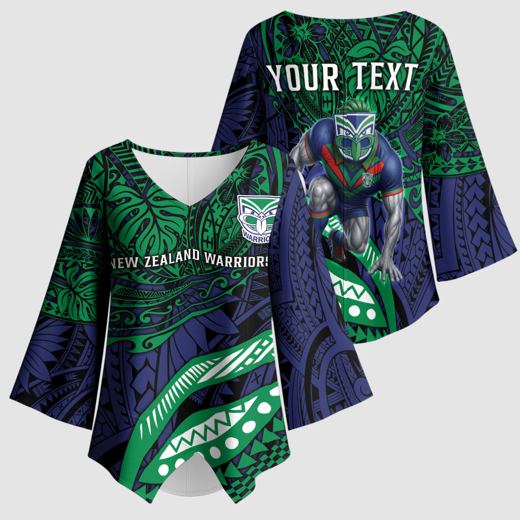 Personalised New Zealand Warriors Kimono Sleeve Blouse Polynesian Tribal Art Style With Fierce Warrior Mascot