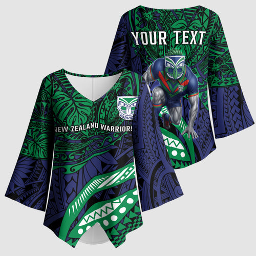 Personalised New Zealand Warriors Kimono Sleeve Blouse Polynesian Tribal Art Style With Fierce Warrior Mascot