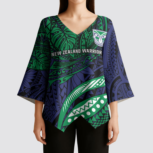 Personalised New Zealand Warriors Kimono Sleeve Blouse Polynesian Tribal Art Style With Fierce Warrior Mascot
