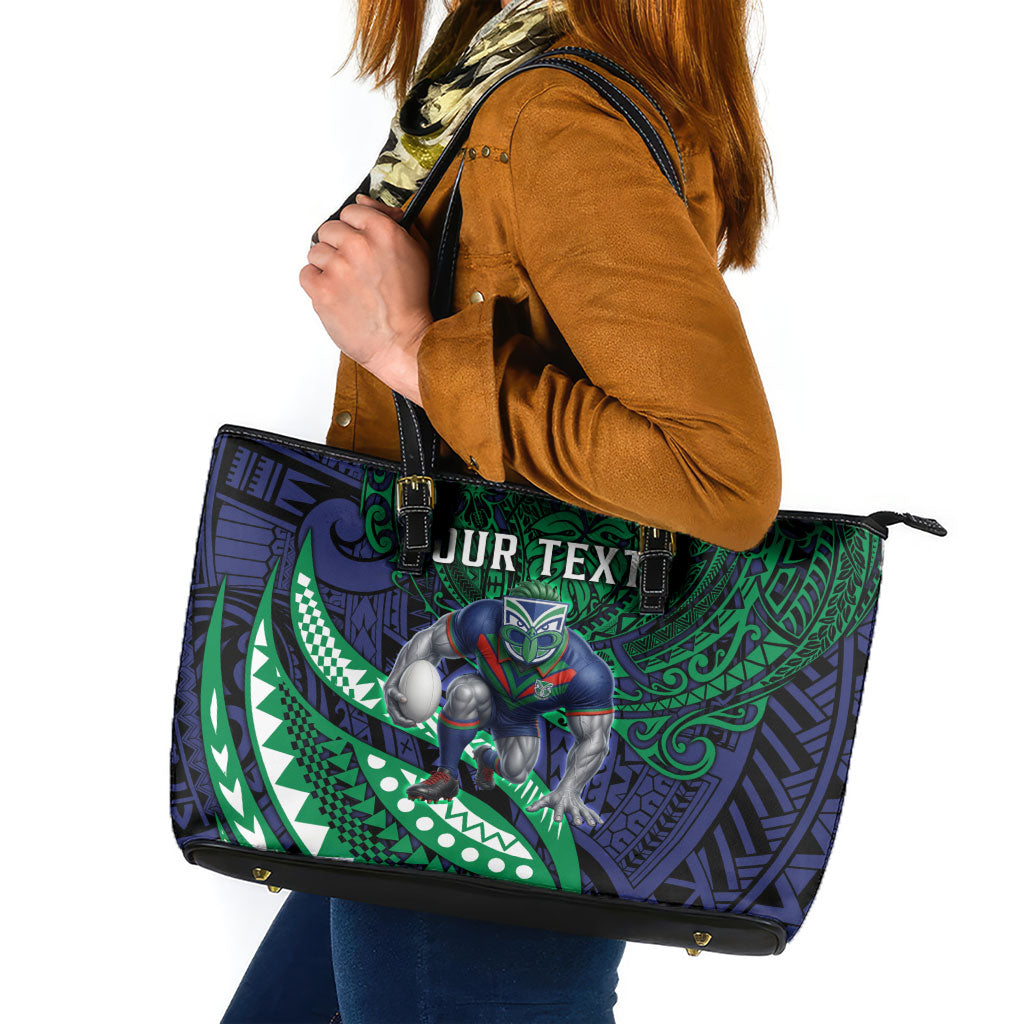 Personalised New Zealand Warriors Leather Tote Bag Polynesian Tribal Art Style With Fierce Warrior Mascot