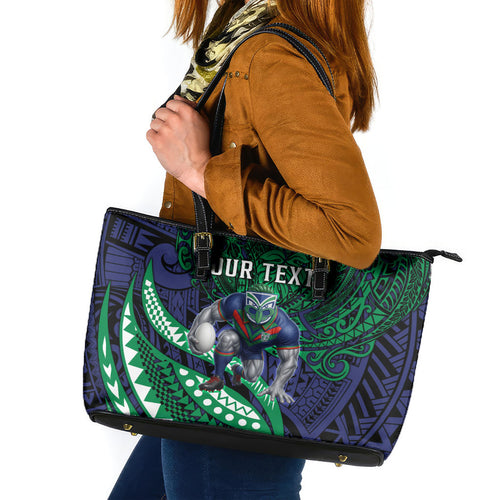 Personalised New Zealand Warriors Leather Tote Bag Polynesian Tribal Art Style With Fierce Warrior Mascot